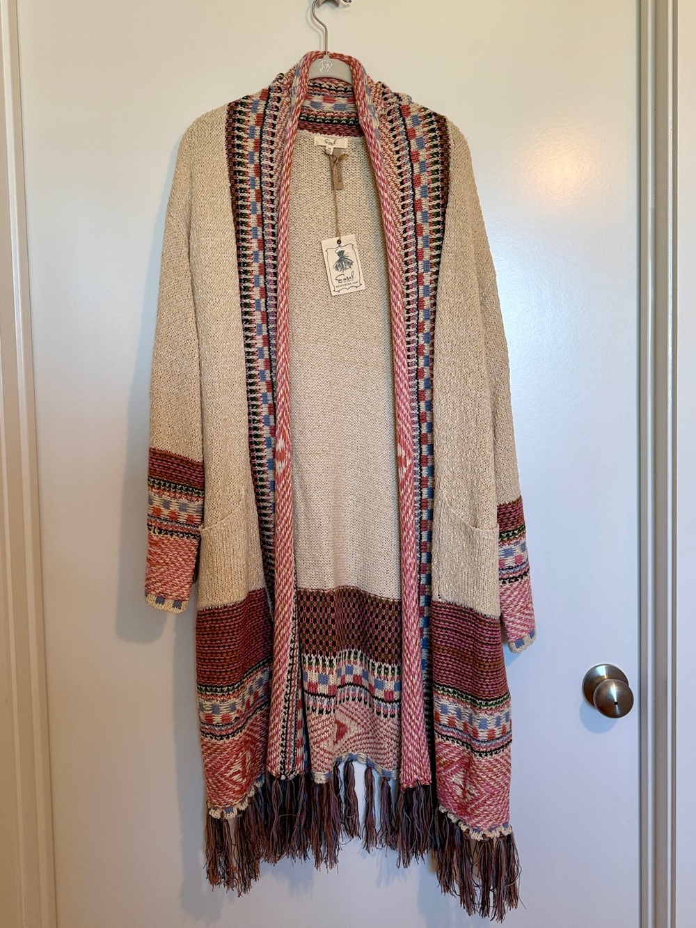 Easel Cream Fringe Open-Front Cardigan with Rust & Blue Accents